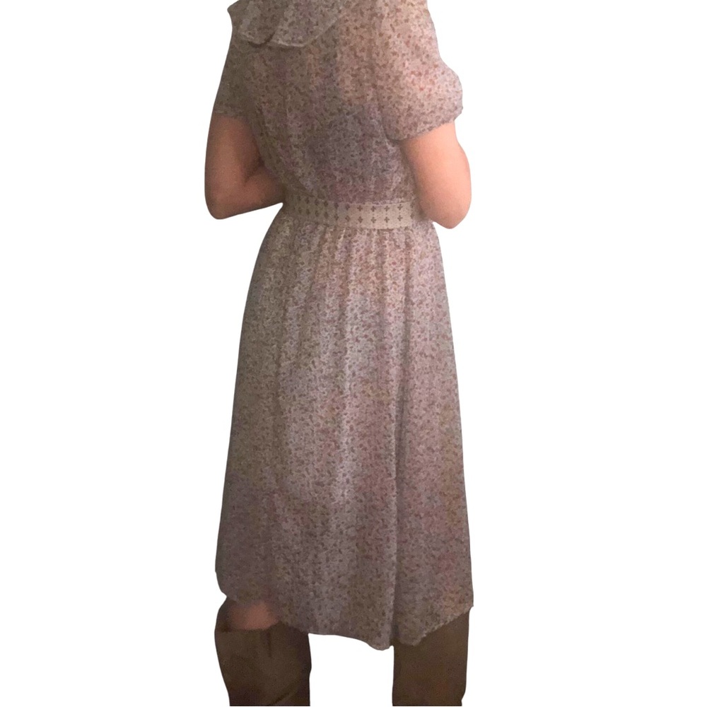 Cottagecore Ditsy Floral Midi Dress Ruffled Neckline Empire Waist Sheer Pullover - Picture 3 of 11